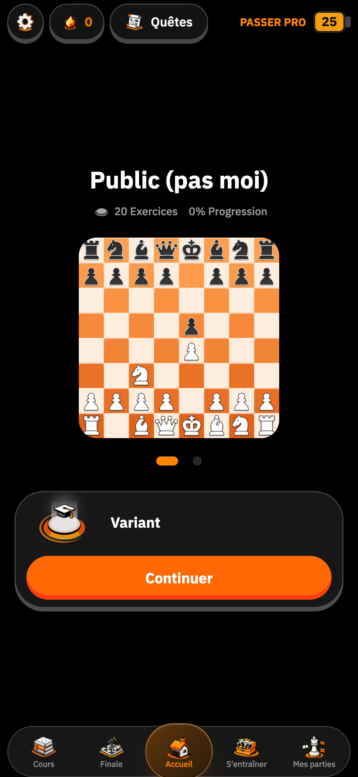 Écran de l'application mobile ChessFlare présentant un exercice d'échecs
