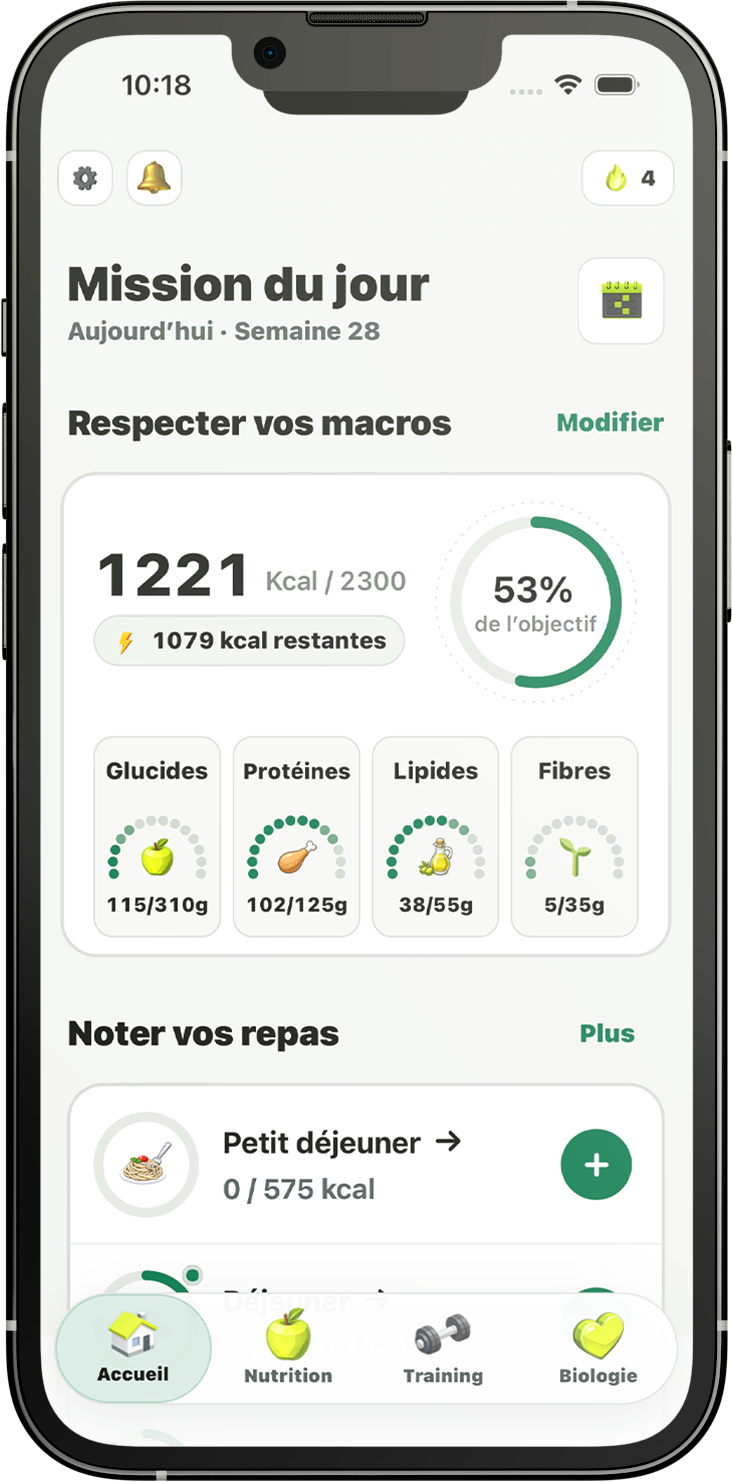 Écran d'accueil de l'application Shredy présentant les macros et la mission du jour