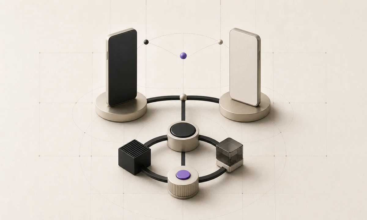 Deux interfaces mobiles iOS et Android reliées à un même produit numérique